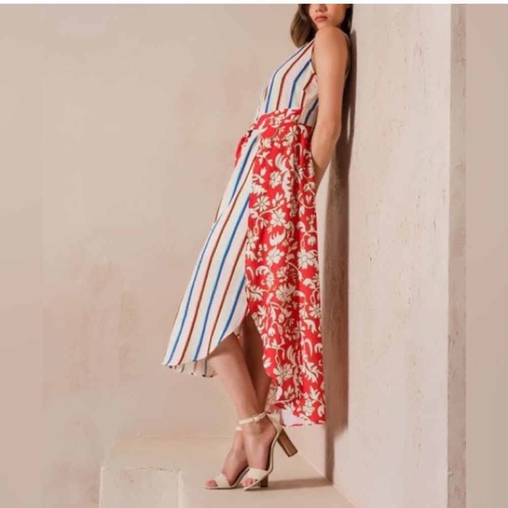 NWT Gabby Isabella striped floral sleeveless layered button front maxi dress M